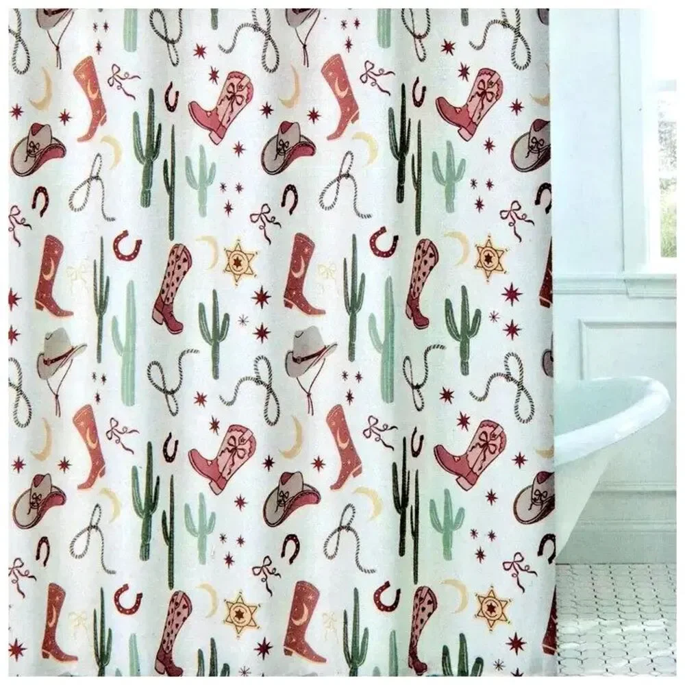 Cowboy Shower Curtain Polyester Boots Hats Lasso Cactus Stars Bath Gift NEW